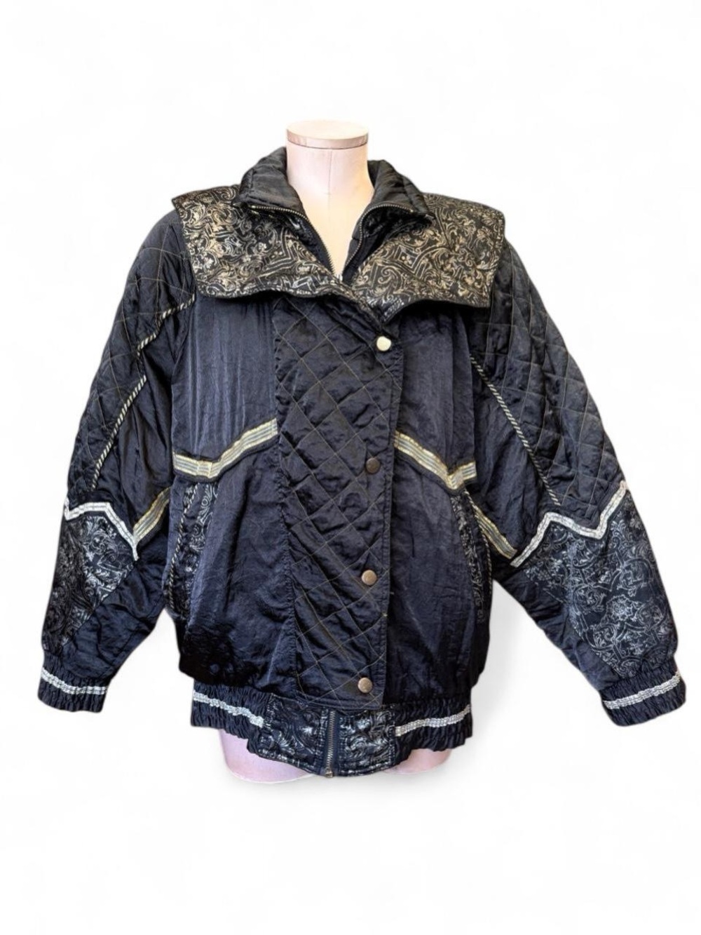 Vintage 90s Black Quilted Jacket with Gold Trim